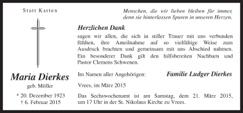 Traueranzeige von Maria Dierkes von Neue Osnabrücker Zeitung GmbH & Co. KG