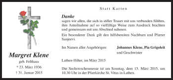 Traueranzeige von Margret Klene von Neue Osnabrücker Zeitung GmbH & Co. KG