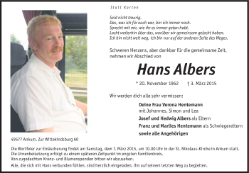 Traueranzeige von Hans Albers von Neue Osnabrücker Zeitung GmbH & Co. KG