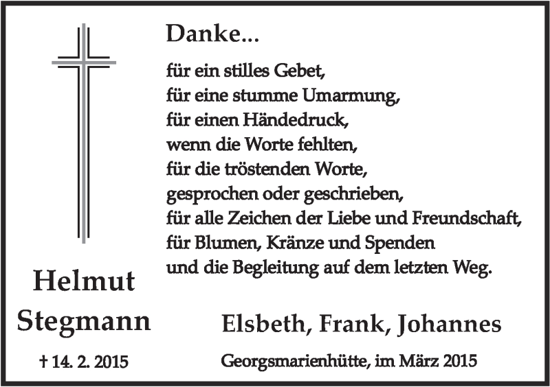  Traueranzeige für Helmut Stegmann vom 21.03.2015 aus Neue Osnabrücker Zeitung GmbH & Co. KG