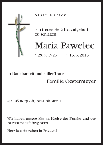 Traueranzeige von Maria Pawelec von Neue Osnabrücker Zeitung GmbH & Co. KG