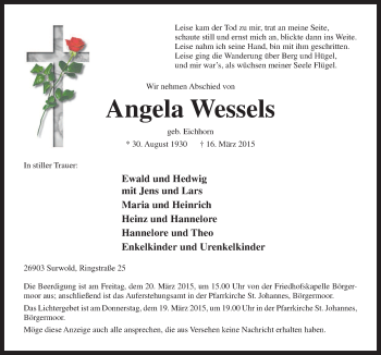 Traueranzeige von Angela Wessels von Neue Osnabrücker Zeitung GmbH & Co. KG