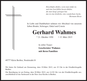 Traueranzeige von Gerhard Wahmes von Neue Osnabrücker Zeitung GmbH & Co. KG