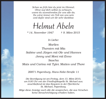 Traueranzeige von Helmut Abeln von Neue Osnabrücker Zeitung GmbH & Co. KG