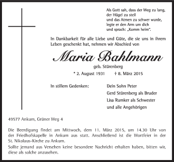Traueranzeige von Maria Bahlmann von Neue Osnabrücker Zeitung GmbH & Co. KG