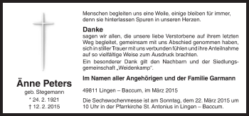 Traueranzeige von Änne Peters von Neue Osnabrücker Zeitung GmbH & Co. KG