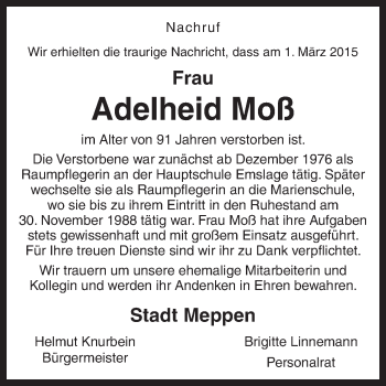 Traueranzeige von Adelheid Moß von Neue Osnabrücker Zeitung GmbH & Co. KG