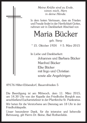 Traueranzeige von Maria Bücker von Neue Osnabrücker Zeitung GmbH & Co. KG