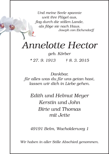 Traueranzeige von Annelotte Hector von Neue Osnabrücker Zeitung GmbH & Co. KG