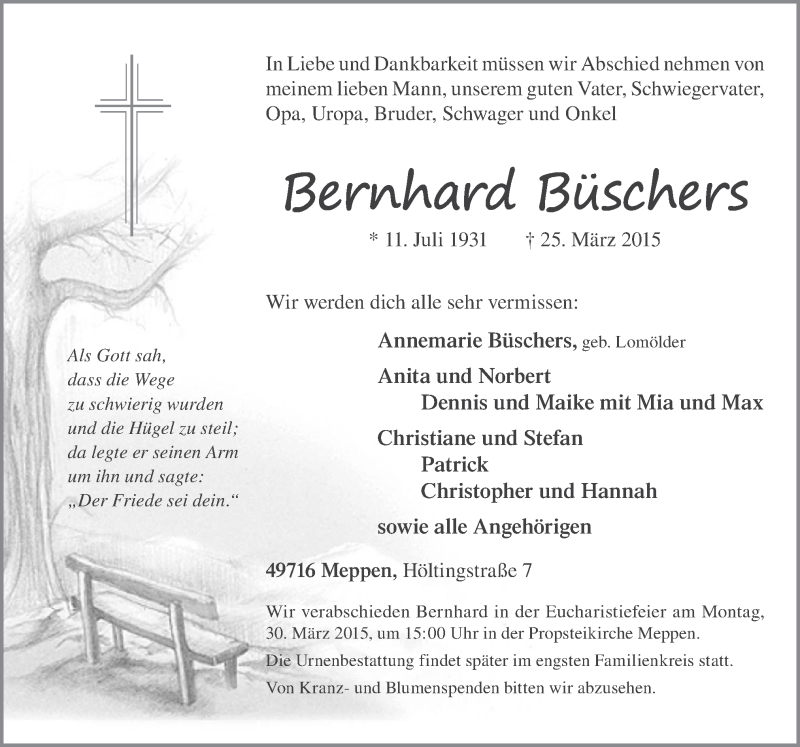  Traueranzeige für Bernhard Büschers vom 27.03.2015 aus Neue Osnabrücker Zeitung GmbH & Co. KG