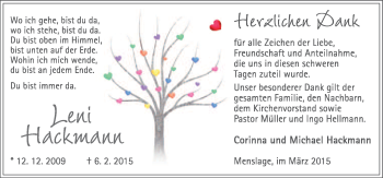 Traueranzeige von Leni Hackmann von Neue Osnabrücker Zeitung GmbH & Co. KG