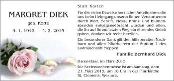 Traueranzeige von Margret Diek von Neue Osnabrücker Zeitung GmbH & Co. KG