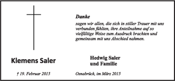 Traueranzeige von Klemens Saler von Neue Osnabrücker Zeitung GmbH & Co. KG