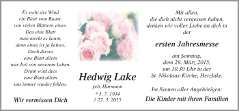 Traueranzeige von Hedwig Lake von Neue Osnabrücker Zeitung GmbH & Co. KG