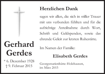 Traueranzeige von Gerhard Gerdes von Neue Osnabrücker Zeitung GmbH & Co. KG