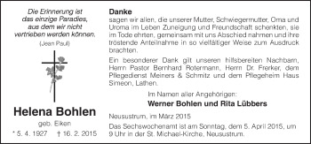 Traueranzeige von Helena Bohlen von Neue Osnabrücker Zeitung GmbH & Co. KG