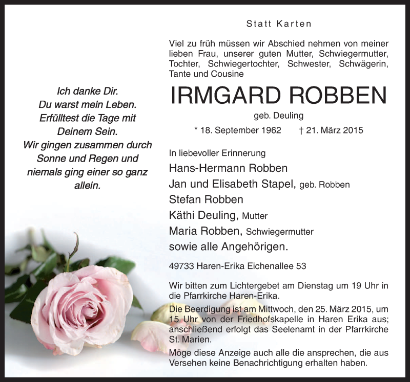  Traueranzeige für Irmgard Robben vom 23.03.2015 aus Neue Osnabrücker Zeitung GmbH & Co. KG