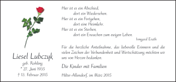 Traueranzeige von Liesel Lubczyk von Neue Osnabrücker Zeitung GmbH & Co. KG
