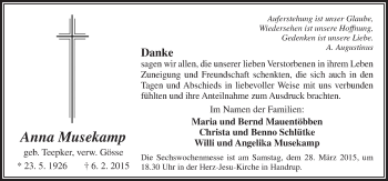 Traueranzeige von Anna Musekamp von Neue Osnabrücker Zeitung GmbH & Co. KG