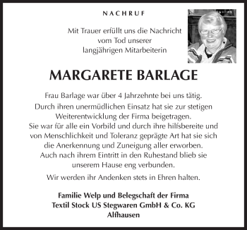 Traueranzeige von Margarete Barlage von Neue Osnabrücker Zeitung GmbH & Co. KG