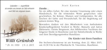 Traueranzeige von Willi Grünloh von Neue Osnabrücker Zeitung GmbH & Co. KG