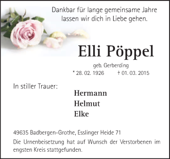 Traueranzeige von Elli Pöppel von Neue Osnabrücker Zeitung GmbH & Co. KG