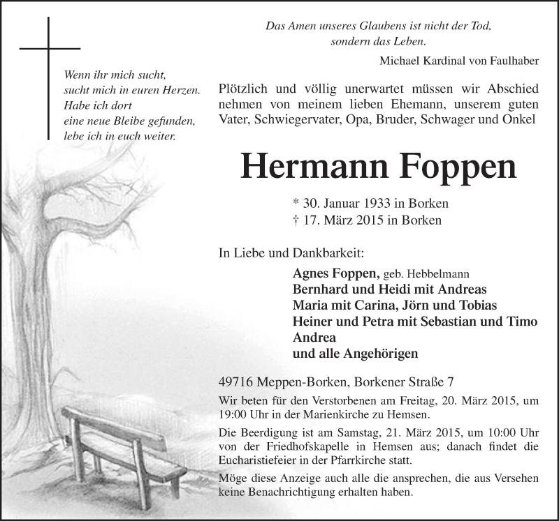  Traueranzeige für Hermann Foppen vom 19.03.2015 aus Neue Osnabrücker Zeitung GmbH & Co. KG