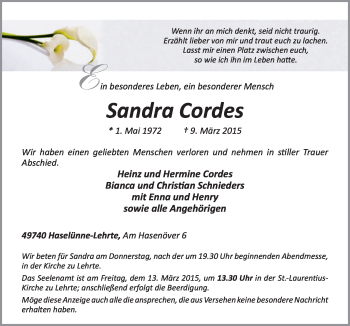 Traueranzeige von Sandra Cordes von Neue Osnabrücker Zeitung GmbH & Co. KG