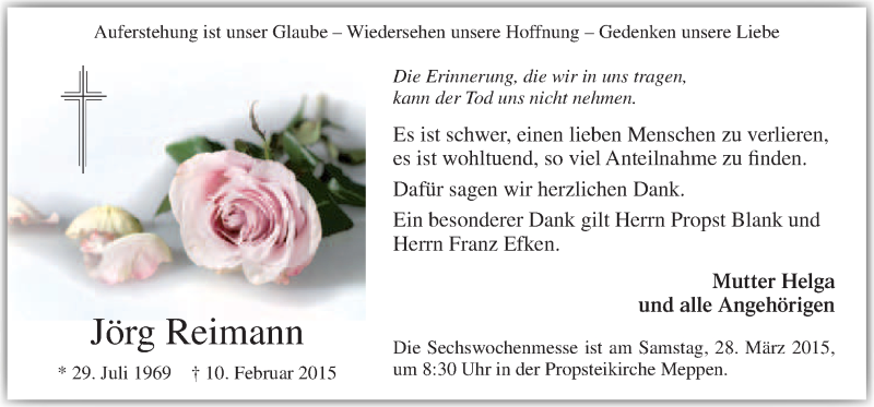  Traueranzeige für Jörg Reimann vom 21.03.2015 aus Neue Osnabrücker Zeitung GmbH & Co. KG