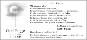 Traueranzeige von Gerd Plagge von Neue Osnabrücker Zeitung GmbH & Co. KG