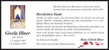 Traueranzeige von Gisela Illner von Neue Osnabrücker Zeitung GmbH & Co. KG