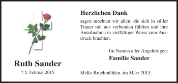 Traueranzeige von Ruth Sander von Neue Osnabrücker Zeitung GmbH & Co. KG