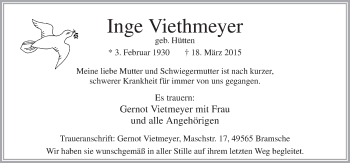 Traueranzeige von Inge Viethmeyer von Neue Osnabrücker Zeitung GmbH & Co. KG