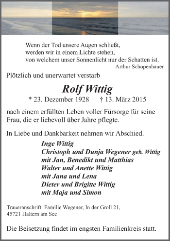 Traueranzeige von Rolf Wittig von Neue Osnabrücker Zeitung GmbH & Co. KG