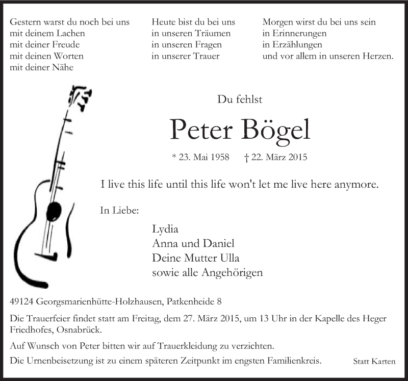  Traueranzeige für Peter Bögel vom 24.03.2015 aus Neue Osnabrücker Zeitung GmbH & Co. KG