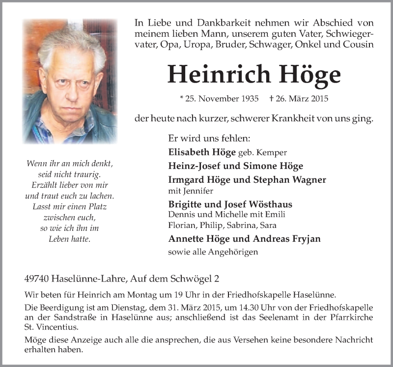  Traueranzeige für Heinrich Höge vom 28.03.2015 aus Neue Osnabrücker Zeitung GmbH & Co. KG