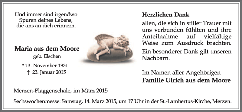  Traueranzeige für Maria aus dem Moore vom 09.03.2015 aus Neue Osnabrücker Zeitung GmbH & Co. KG