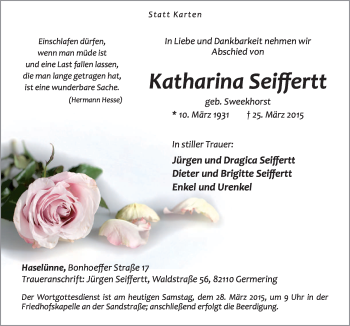 Traueranzeige von Katharina Seiffertt von Neue Osnabrücker Zeitung GmbH & Co. KG