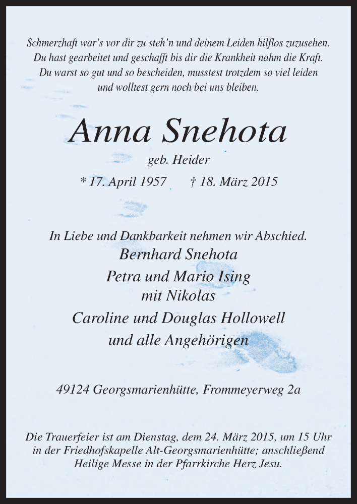  Traueranzeige für Anna Snehota vom 21.03.2015 aus Neue Osnabrücker Zeitung GmbH & Co. KG