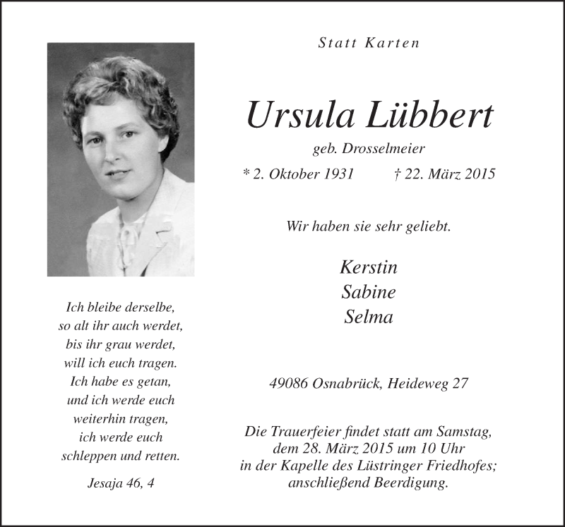  Traueranzeige für Ursula Lübbert vom 25.03.2015 aus Neue Osnabrücker Zeitung GmbH & Co. KG