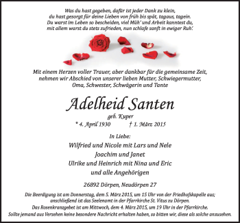 Traueranzeige von Adelheid Santen von Neue Osnabrücker Zeitung GmbH & Co. KG