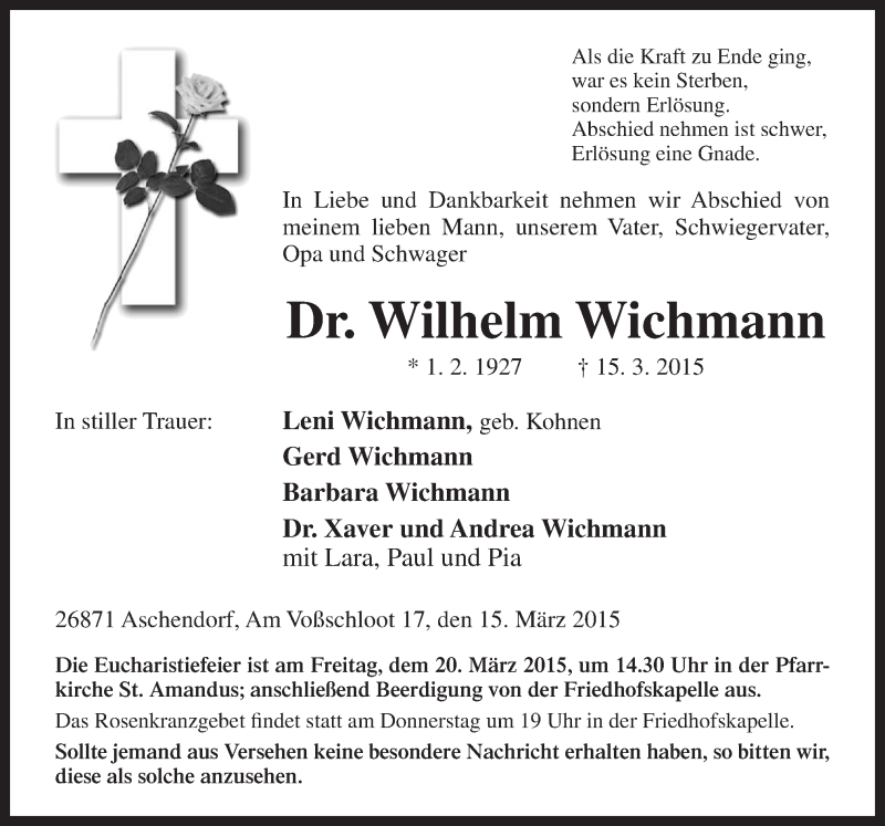  Traueranzeige für Wilhelm Wichmann vom 17.03.2015 aus Neue Osnabrücker Zeitung GmbH & Co. KG