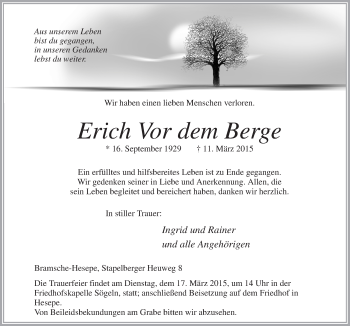 Traueranzeige von Erich  Vor dem Berge von Neue Osnabrücker Zeitung GmbH & Co. KG