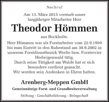 Traueranzeige von Theodor Hömmen von Neue Osnabrücker Zeitung GmbH & Co. KG