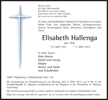 Traueranzeige von Elisabeth Hallenga von Neue Osnabrücker Zeitung GmbH & Co. KG