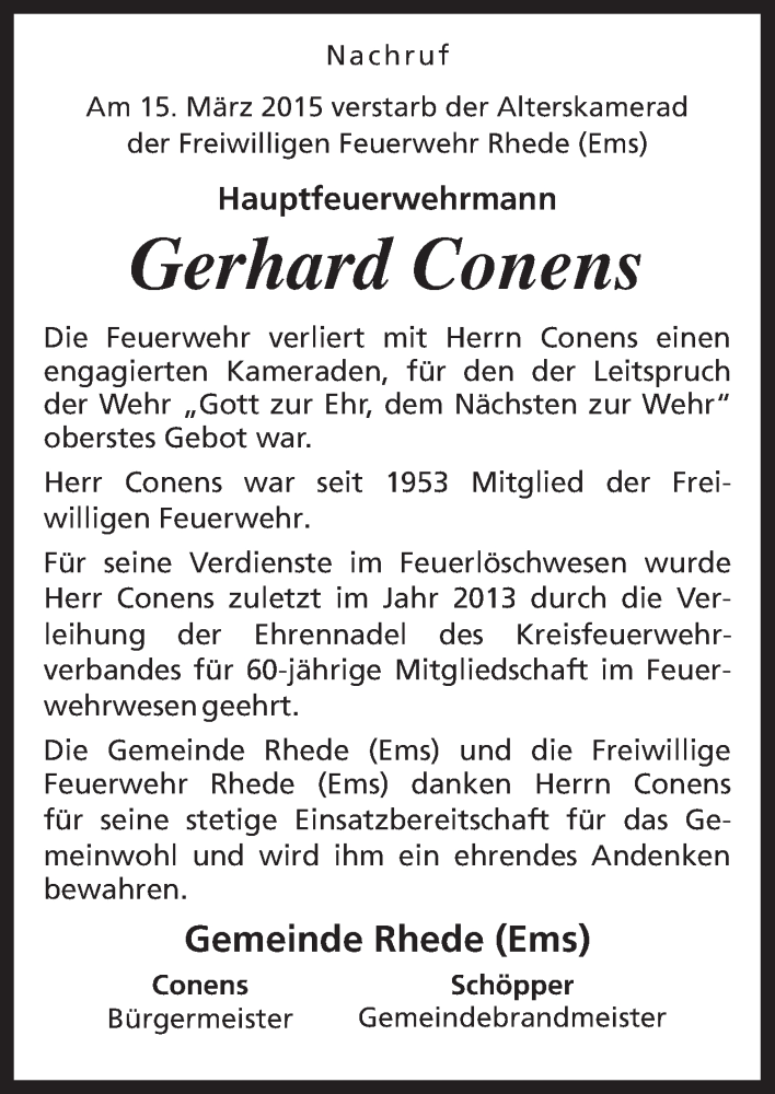  Traueranzeige für Gerhard Conens vom 18.03.2015 aus Neue Osnabrücker Zeitung GmbH & Co. KG