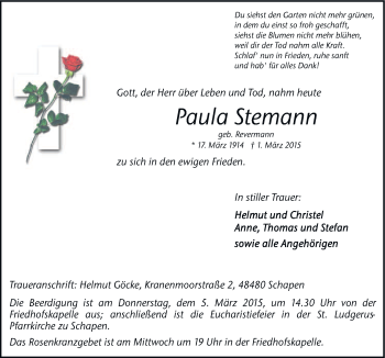 Traueranzeige von Paula Stemann von Neue Osnabrücker Zeitung GmbH & Co. KG