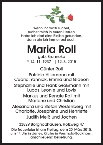 Traueranzeige von Maria Roll von Neue Osnabrücker Zeitung GmbH & Co. KG