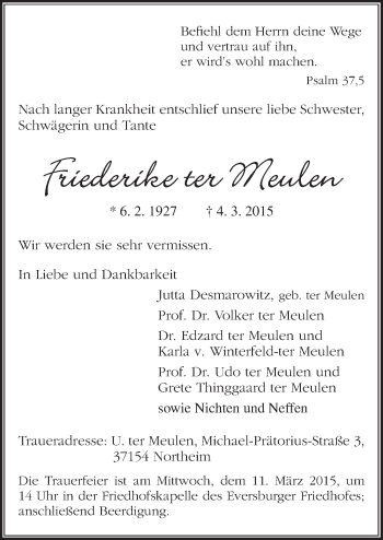 Traueranzeige von Friederike ter Meulen von Neue Osnabrücker Zeitung GmbH & Co. KG