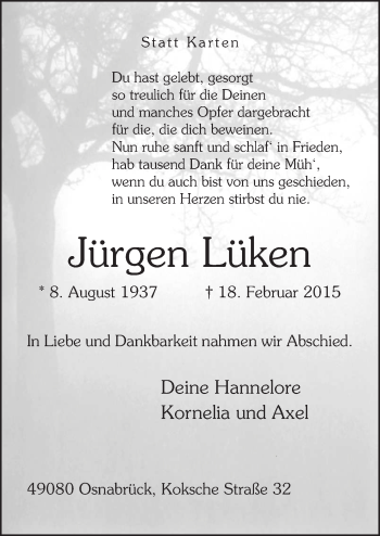 Traueranzeige von Jürgen Lüken von Neue Osnabrücker Zeitung GmbH & Co. KG
